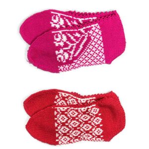 2 Çift Kışlık Şık Kadın Yün Patik Fuşya Kırmızı Desenli