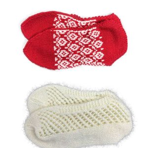2 Çift Kışlık Şık Kadın Yün Patik Kırmızı Desenli Krem