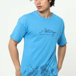 Astanya Baskılı Mavi Erkek Bisiklet Yaka Oversize Kısa Kollu T-Shirt