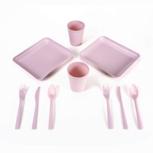 11 Parça Piknik Seti Piknik Tabak Çatal Kaşık Bıçak Bardak Ve Saklama Çantası Pudra Rengi