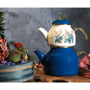 Büyük Boy 1. kalite Emaye Çaydanlık Takımı - Mavi Beyaz Desenli