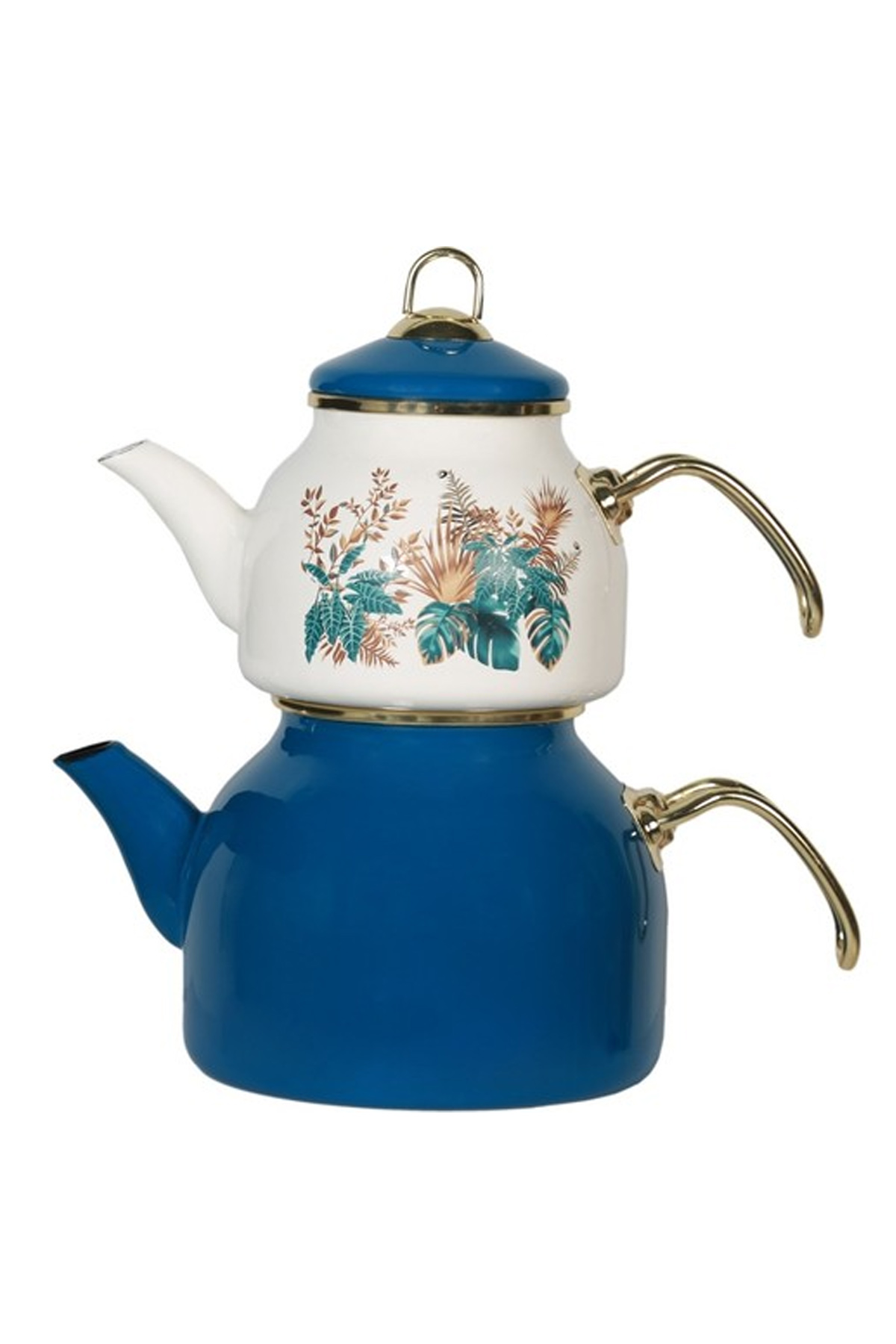 Büyük Boy 1. kalite Emaye Çaydanlık Takımı - Mavi Beyaz Desenli - Görsel 2