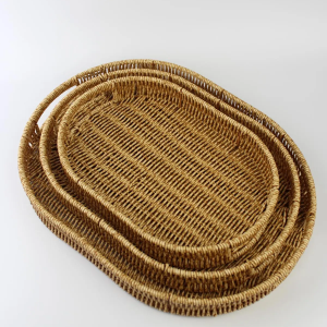 3 lü Rattan Tepsi Dekoratif Tepsi Hasır Örme Tepsi Oval Krem Royaleks-Alg11331