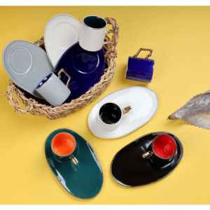 6 Kişilik Renkli Porselen Lokumluklu Kahve Fincan Takımı Royaleks-3303