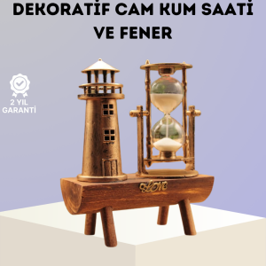 Dekoratif Ahşap Kum Saati ve Deniz Feneri Figürlü Masa Süsü – Şık ve Fonksiyonel Tasarım