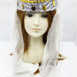 Beyaz Duvaklı Altın Pul İşlemeli Kına Fesi Kına Şapkası Oryantal Şapkası