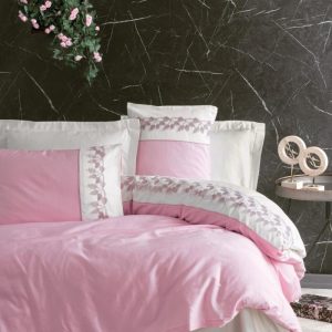 Nakışlı Çift Kişilik Saten Nev Takımı Niobe Pembe