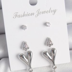 Pirinç Gümüş Renk Zirkon Taşlı Sallantılı Kalp Model 3 Çift Kadın Küpe Seti - Lisinya