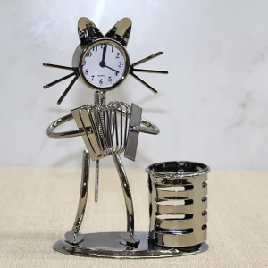 Metal Akordiyon Çalan Kedi Müzisyen Saat Ve Kalemlik Alk4344