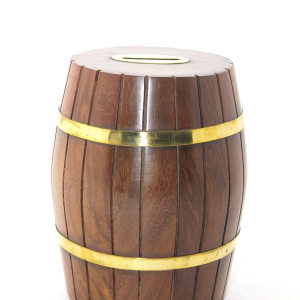 Pirinç Ahşap Fıçı Kumbara 15 Cm Wb538