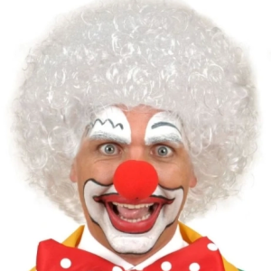 Beyaz Renk Kıvırcık Afro Bonus Peruk Saç Ve Kırmızı Sünger Burun Seti