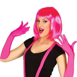 Fuşya Renk Saten Uzun Eldiven Ve Küt Parti Peruğu