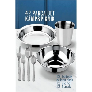BFS 42 Parça Tabak Kase Bardak Çatla Kaşık Seti Kamp Piknik Seti
