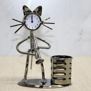 Metal Saksafon Çalan Kedi Müzisyen Saat Ve Kalemlik Alk4346