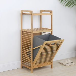 2 ORGANİZER RAFLI - ÇEK AÇ SEPET AHŞAP BAMBU KİRLİ ÇAMAŞIR SEPET 40X35X95CM (5296)