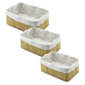 3 BOY DİKDÖRTGEN BAMBU KENAR ORGANİZER SEPET AHŞAP ALTLIK - BEZLİ 13X20-16X24-20X31CM (5296)