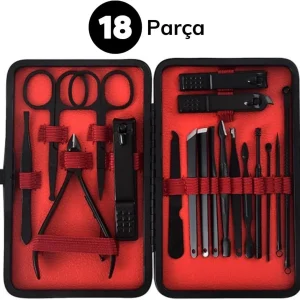 18 Parça Manikür Pedikür Set Kutusu Çelik Deri Çantalı Bakım Seti (5296)