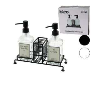 3 PCS METAL STANDLI - CAM SIVI SABUNLUK SETİ SÜNGERLİK (5296)