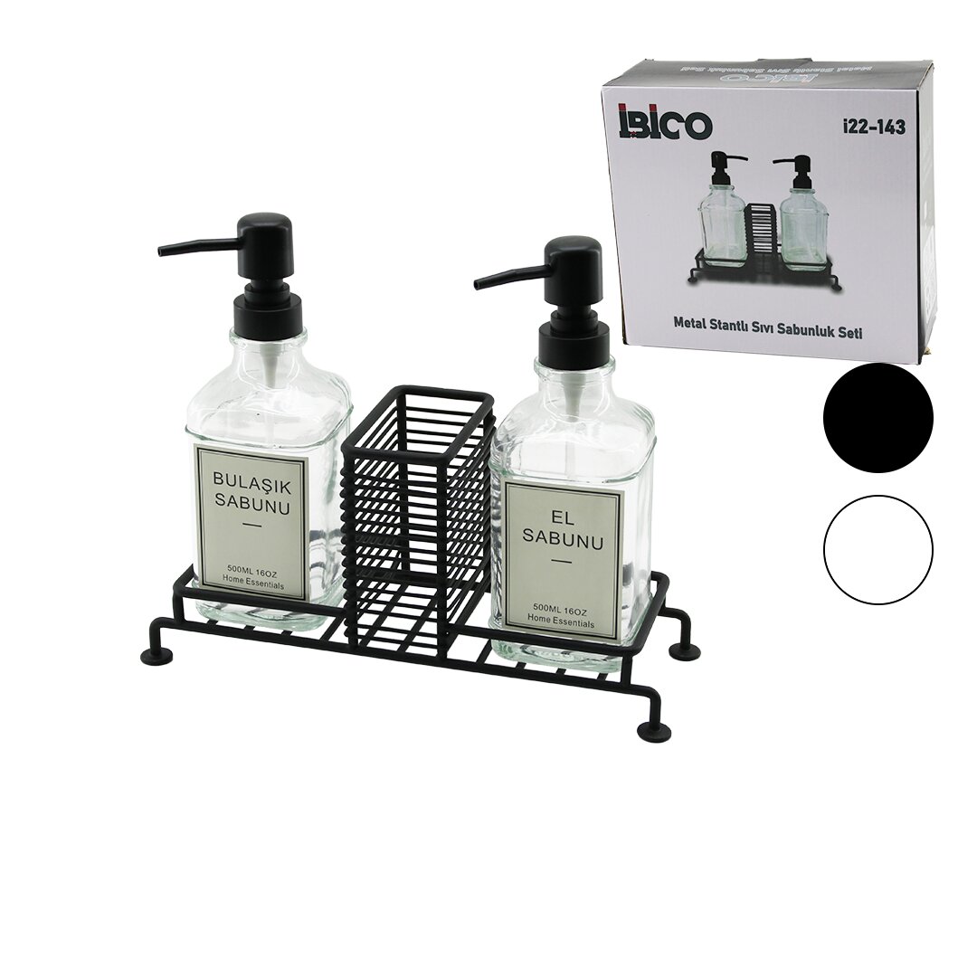 3 PCS METAL STANDLI - CAM SIVI SABUNLUK SETİ SÜNGERLİK (5296)