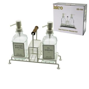 3 PCS METAL STANDLI - CAM SIVI SABUNLUK SETİ AHŞAP TUTMALI - SÜNGERLİK (5296)