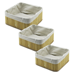3 BOY KARE BAMBU KENAR ORGANİZER SEPET AHŞAP ALTLIK - BEZLİ 17X17-21X21-26X26CM (5296)
