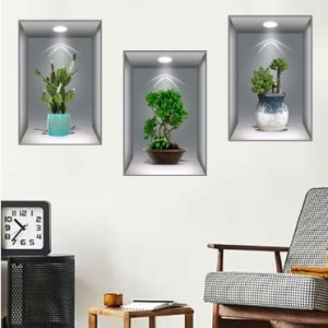 3D Çiçek Vazo Duvar Sticker 3 lü Set GRİ Fon (5296)