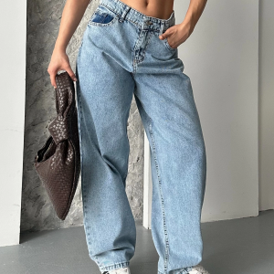 Baggy kar yıkama orta mavi jeans pantolon
