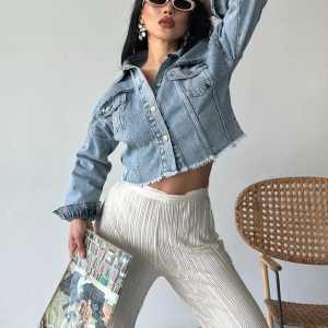 Çift kapaklı püsküllü crop buz mavi