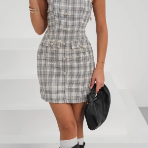 Askılı ch kumaş düğmeli elbise gribeyaz h265007