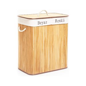 DİKDÖRTGEN İKİ BÖLMELİ İÇ BEZ BAMBU AHŞAP KİRLİ ÇAMAŞIR SEPETİ İP KULP 52X32X62CM (5296)