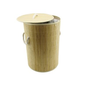 YUVARLAK BAMBU AHŞAP KİRLİ ÇAMAŞIR SEPETİ 35X60CM SEYYAR KAPAKLI İÇİ BEZLİ İP KULPLU (5296)