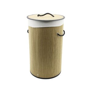 YUVARLAK HASIR - AHŞAP KİRLİ ÇAMAŞIR SEPETİ 37X60CM SEYYAR KAPAKLI İÇİ BEZLİ İP KULPLU (5296)