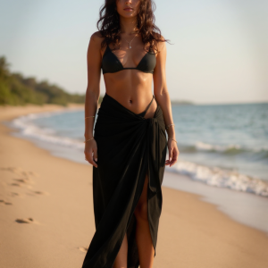 Kadın Siyah Bodrum Stili Bağlama Detaylı 150x75 Pareo – Modern ve Şık Tasarım