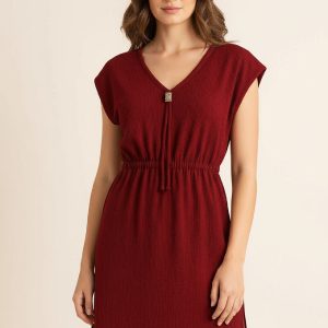 Kadın Bordo Yanları Yırtmaçlı Tokalı V Yaka Mini Plaj Elbisesi