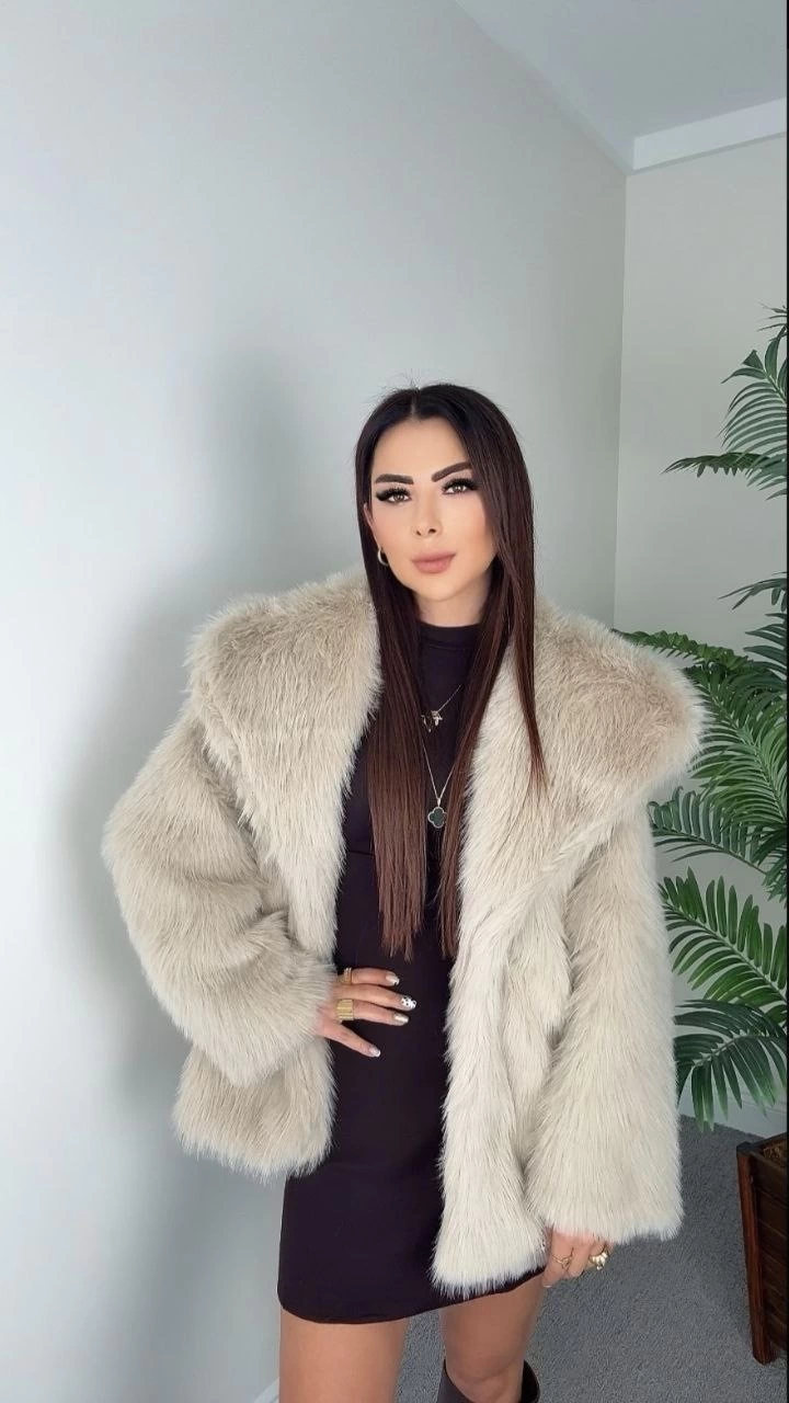 Önü çıtçıtlı loli kürk bej t4149 - Görsel 2