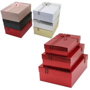 3PCS D.DÖRTGEN PARLAK MİX RENKLİ - KABARTMA DESEN KARTON HEDİYE KUTUSU KURDELALI 33X24.5-28.5X20.5-24X16.5CM (5296)