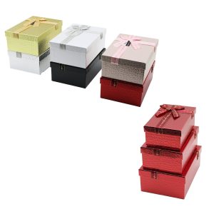 3PCS D.DÖRTGEN PARLAK MİX RENKLİ - KABARTMA DESEN KARTON HEDİYE KUTUSU KURDELALI 22.5X15.5-20.5X13.5-18.5X11.5CM (5296)