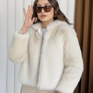 Fermuarlı kısa kürk siyah ekru t7746