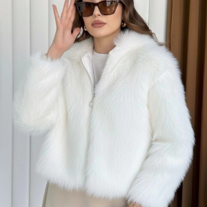 Fermuarlı kısa kürk beyaz t7746