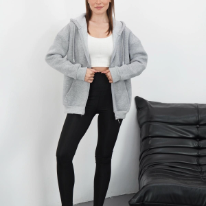 3 iplik şardonlu fermuarlı kapşonlu hırka gri