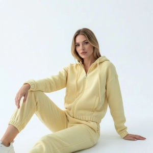 3 iplik şardonlu Kapşonlu fermuarlı kısa üst sarı pat8590