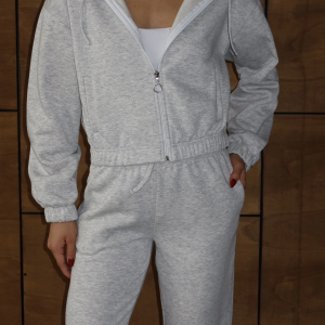 3 iplik şardonlu Kapşonlu fermuarlı kısa üst gri pat8590