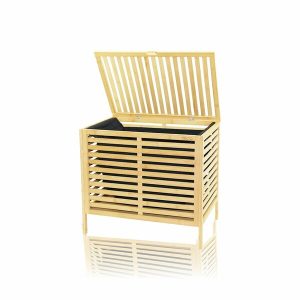 KALIN AHŞAP BAMBU KİRLİ ÇAMAŞIR SEPETİ SİYAH KUMAŞ ÇANTALI SEPET=50X38X55CM (5296)