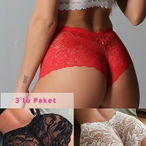 Kadın Siyah Beyaz Kırmızı 3'lü Paket Dantel Tanga Şort Külot – Modern ve Şık Tasarım