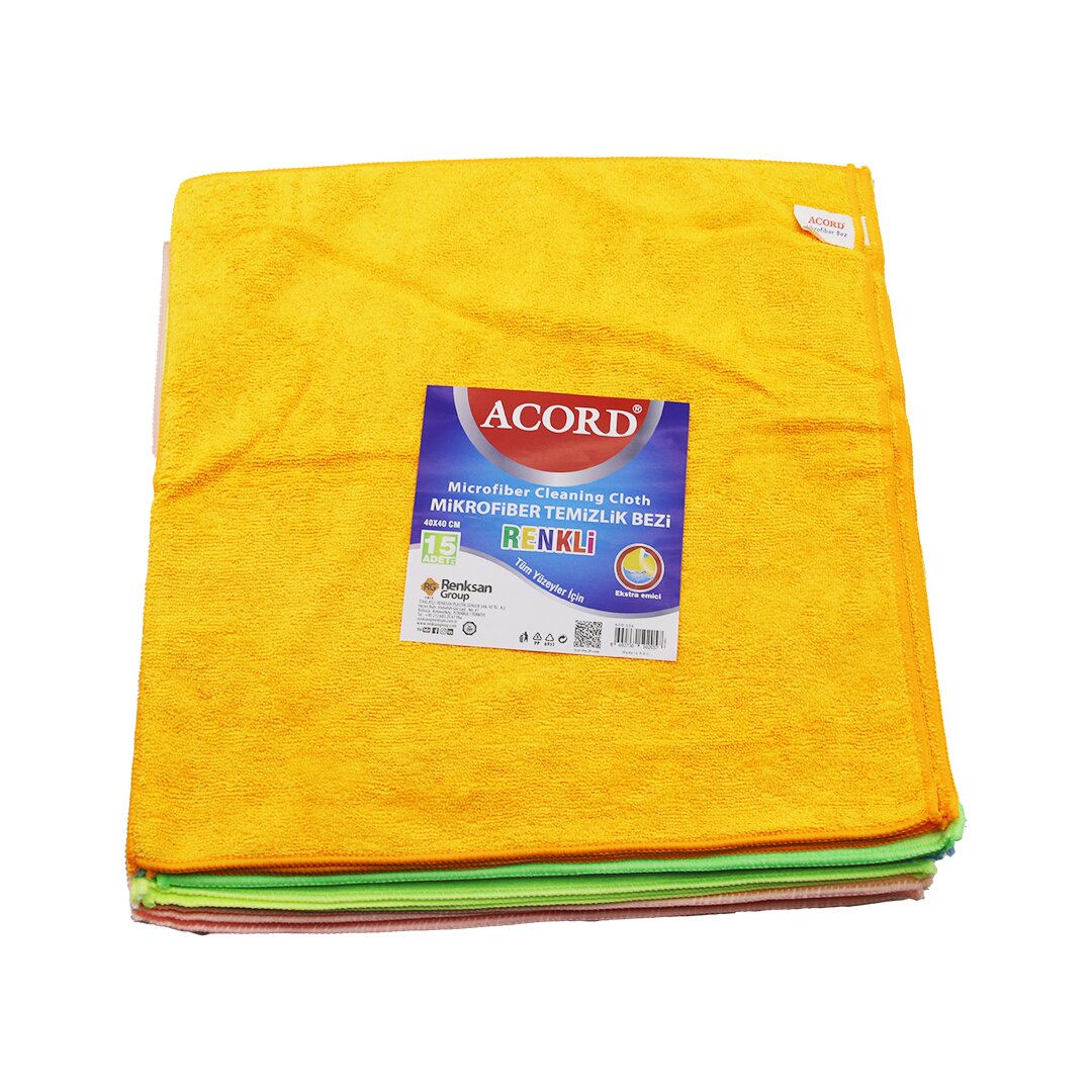 15 ADET ACORD KOD-536 DÖKME 40X40CM RENKLİ MİKROFİBER TEMİZLİK BEZİ EKSTRA EMİCİ TÜM YÜZEYLER İÇİN (5296)