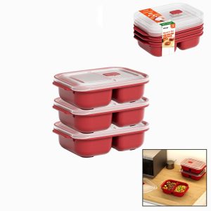 3 PCS KIRMIZI BÖLME DİKDÖRTGEN SAKLAMA KAB SET 1200ML (5296)