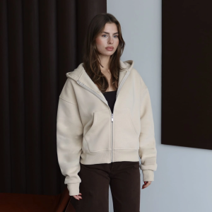 3 iplik şardonlu kapşonlu hoodie frm bej p510437