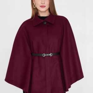 Kemerli kaşe panço bordo pt