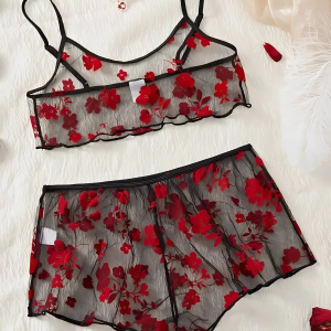 Çiçek Desenli Siyah Transparan Şortlu Gecelik TM1377