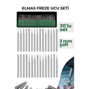 BFS 30 Parça Elmas Freze Ucu Seti - 3mm Şaft Profesyonel Gravür, Oyma ve Hassas Taşlama Seti